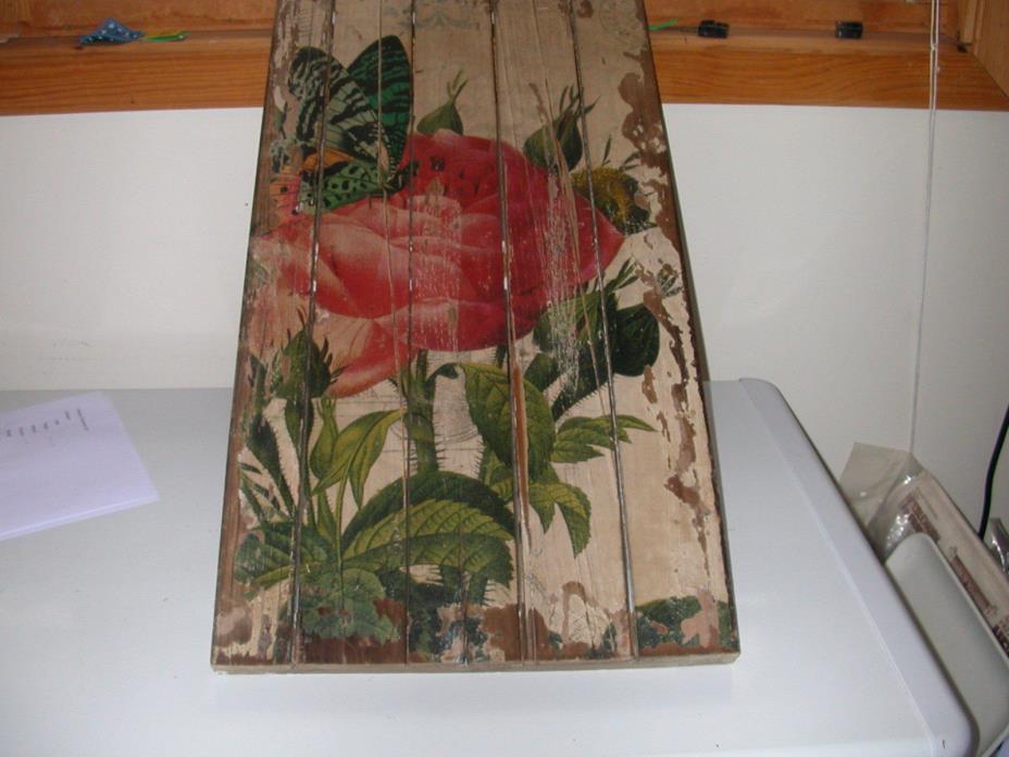 Vintage Painted Rose and Leaves on Wood Panel