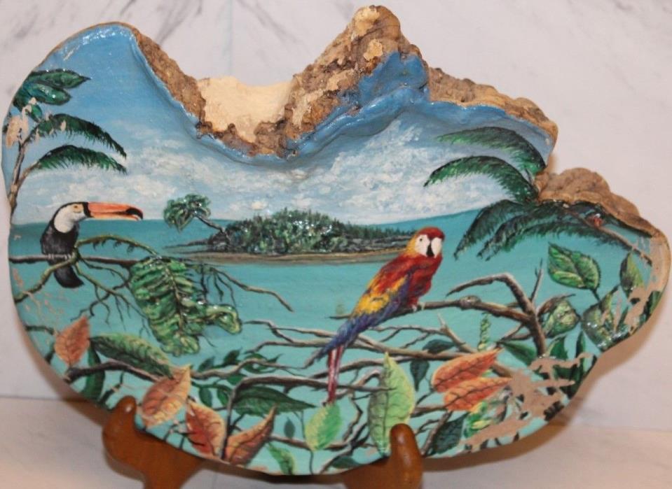 Tropical bird painting , done on Tree Fungi Mushroom by D Carr