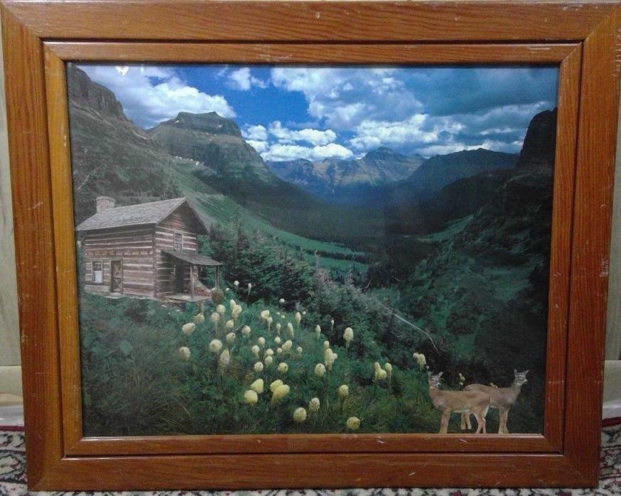vintage folk art collage rural scene handmade wooden frame Montana 20.25