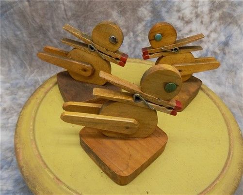 3 Folk Art Duck Recipe Note Holders Clothes Pin Mid Century Handmade Vintage b
