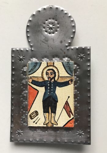 Marie Romero Cash San Acacio Santo Painting Tin Retablo Folk Art Signed Vtg