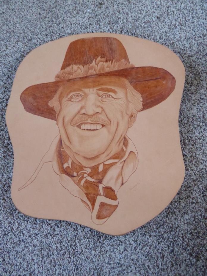 NEW WOOD BURNED LEATHER ART WORK OF STUART ANDERSON ON WOOD BOARD 1981