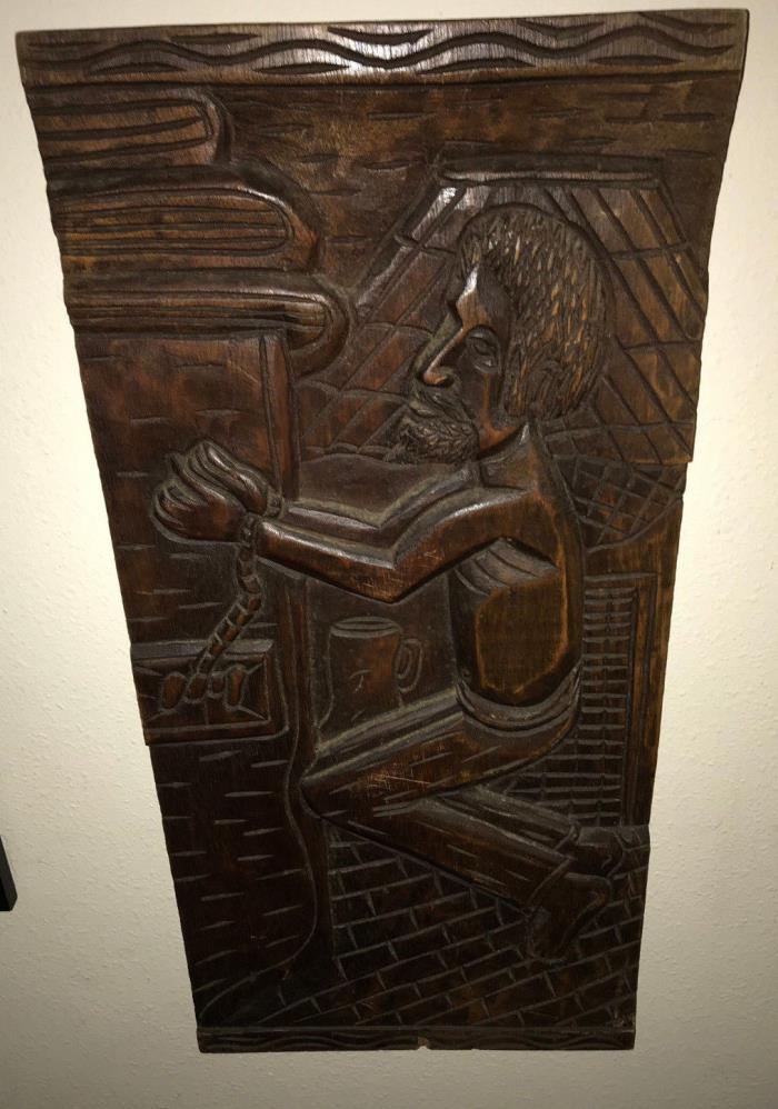 Vintage CARVED BAS Relief Wooden Plaque Storying Telling Man in Chains