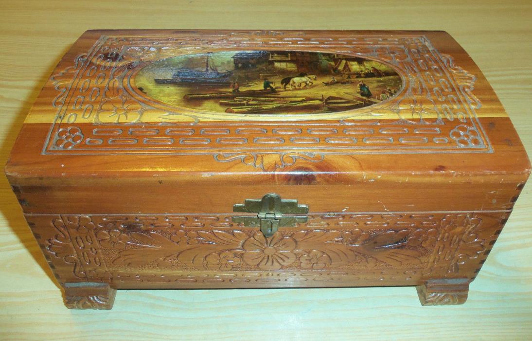 Vintage Early American Carved Wood Jewelry / Dresser Box - 10.5