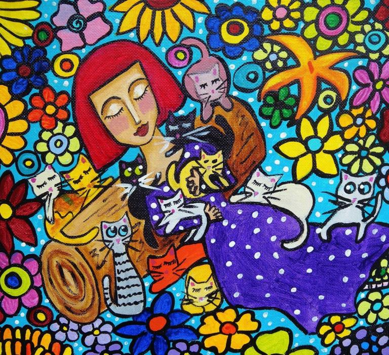 Painting: Crazy Cat Lady in her Garden  2009