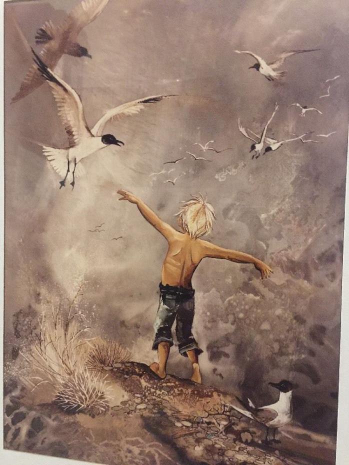 Arizona Mixed Media Artist Laurie Manzano Hand Signed LE Print Boy Flying Gulls
