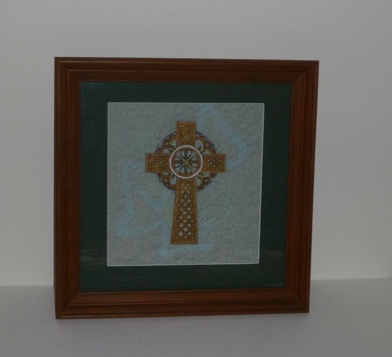 Vale Celtic Cross Original Hand Painted Wood Collage Green Mat Wood Frame Glass