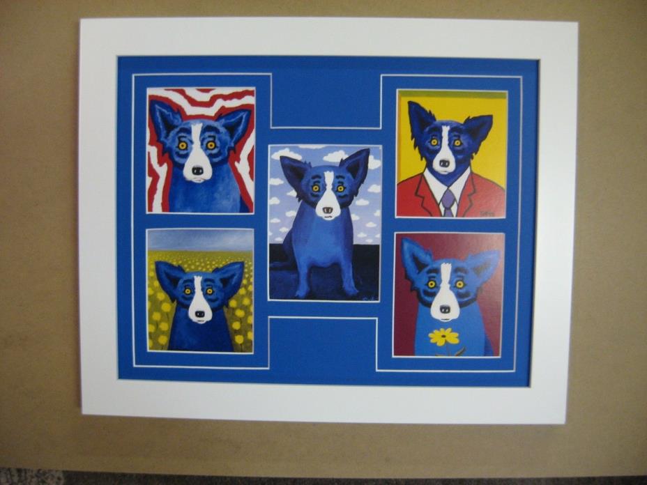 GEORGE RODRIGUE BLUE DOG NOTE CARD COLLAGE - WHITE FRAME / BLUE MAT - 16