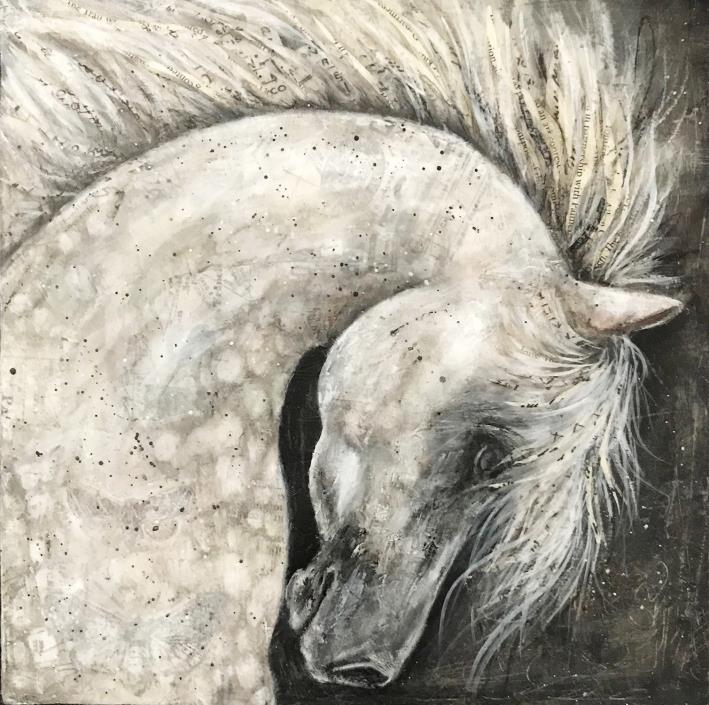 Original Mixed Media Horse Portrait, Dapple Grey
