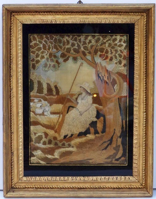 Antique Late 18th C. Needlework Picture of a Shepherdess Original Frame Eglomise