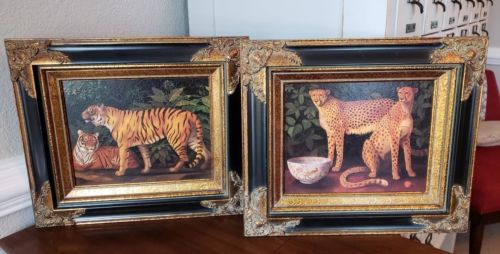 Two Uttermost Tiger & Leopard Black & Gold Framed Art Bombay Traditional African