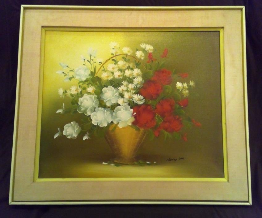 VTG 60s Signed Nancy Lee Floral Roses Flower Basket Still Life Oil Painting 30