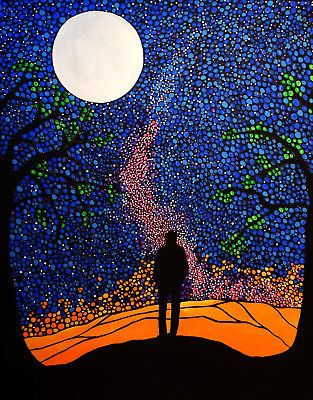 Starry night painting, silhouette male portrait, galaxy art, pointillist style