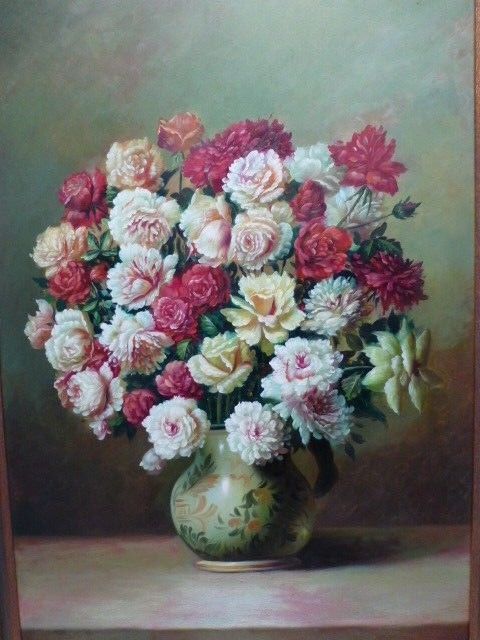 Original Vintage Pagliro Signed Still Life Flowers In a Vase Oil Canvas Painting