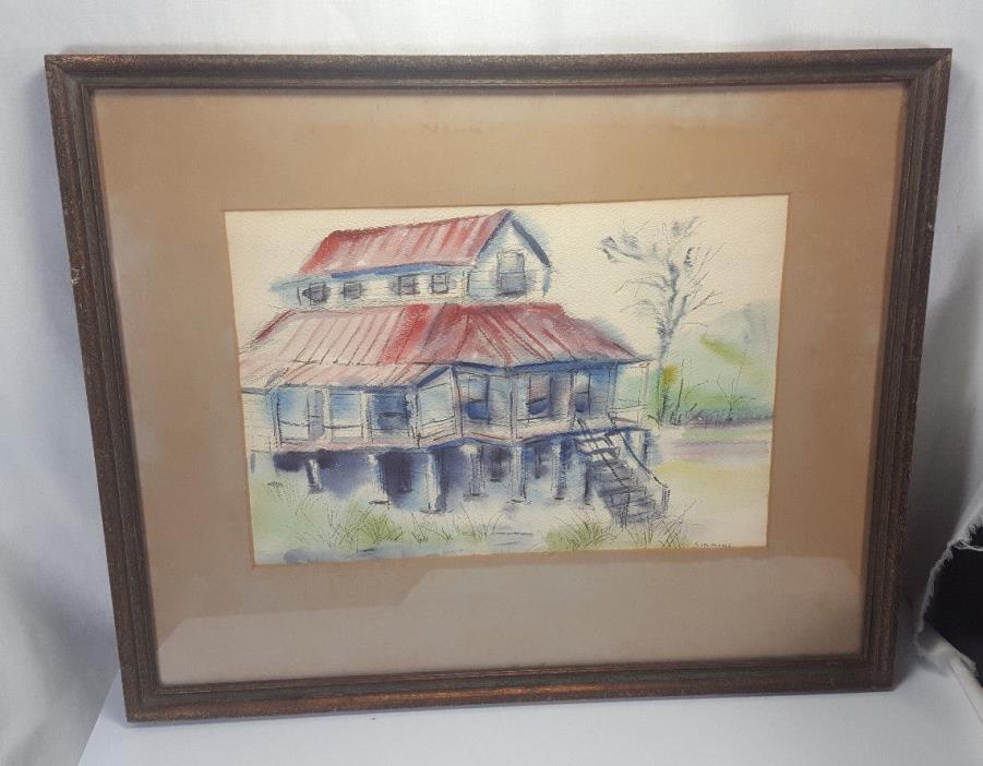 VINT SGND SOUTHERN WATERCOLOR TIN ROOFED SHARECROPPER SHACK HOUSE MATTED FRAMED