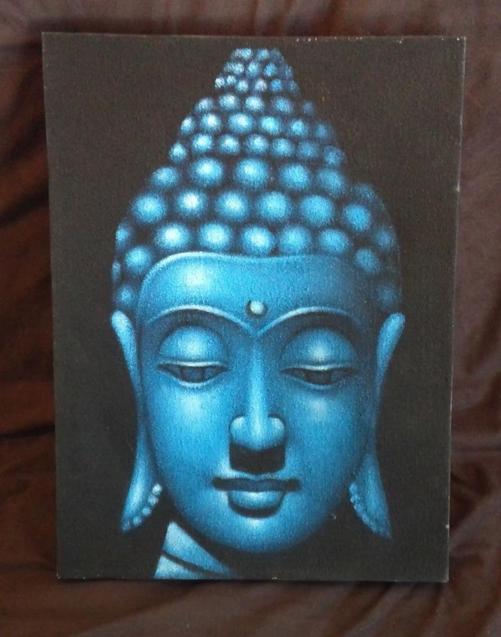 Hand Painted Buddha Face Head Canvas Wall Art Blue Oil Painting Framed Modern