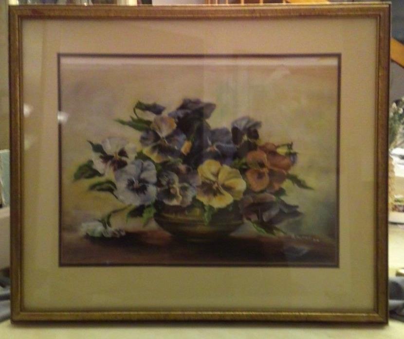 R.Muller Artist Signed 30's Framed Watercolor Pansy Pink Purple Yellow Flower