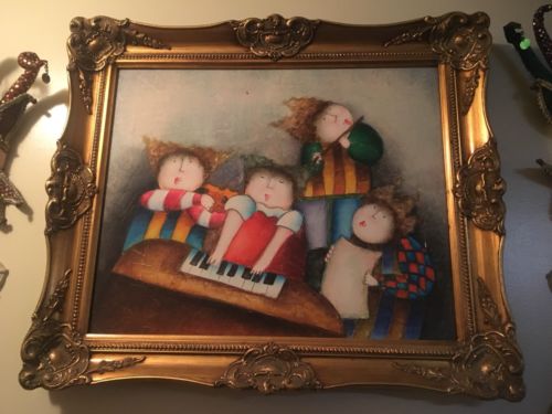 J Roybal Children Playing Instruments Ornate Frame Oil Painting