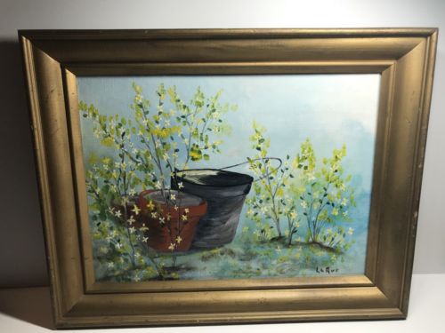 Framed Floral Oil Painting With Bucket And Flower Pot