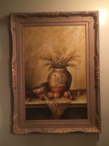 Large Oil Painting On Canvas Vase And Fruit Ornate Custom Frame R. Westey