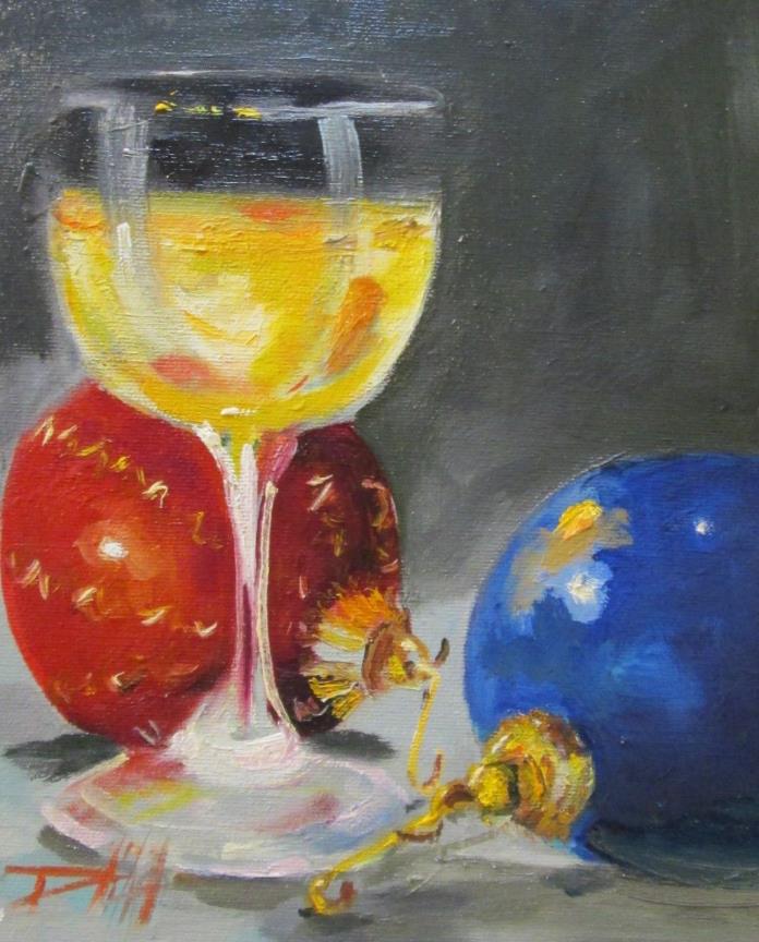 Christmas ornament blue red  realism wine still life oil painting art Delilah