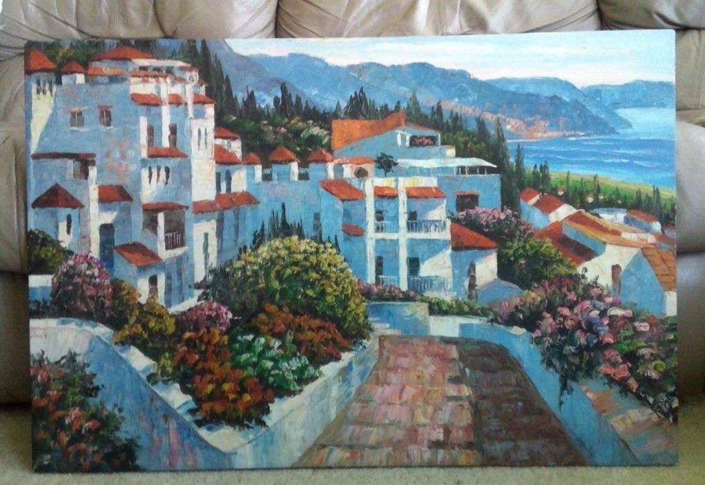 Italy Beach Estate Shore Resort Homes Flowers Stretched 36X24 Oil Painting