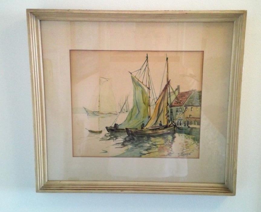 Edith Berger watercolor painting FRANCE Sail Boat Dock 1940 Listed woman artist