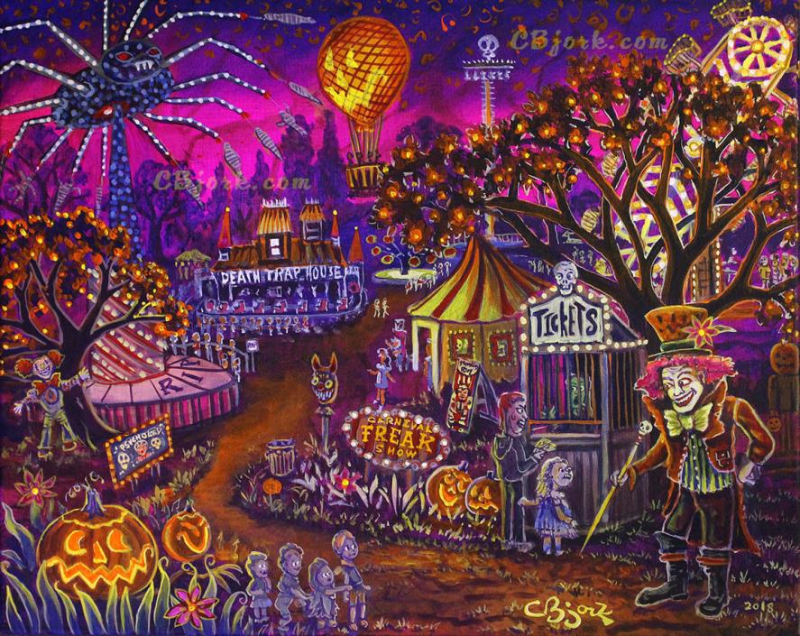 Original Carnival Freak Show Painting Rides Halloween Circus Surreal CBjork Art