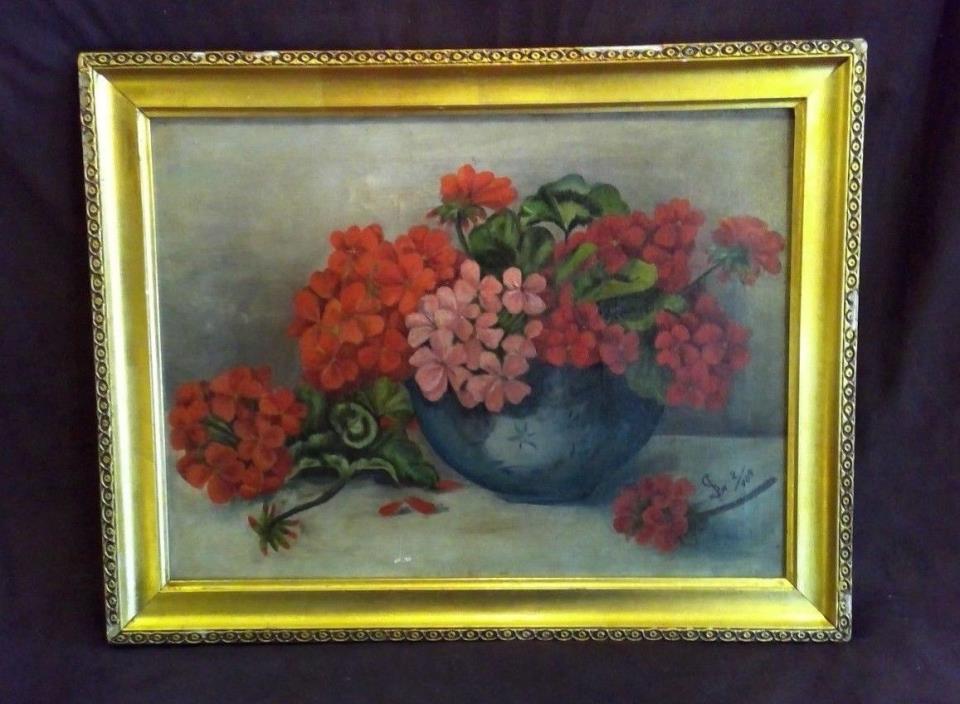 ATQ OLD VICTORIAN RED GERANIUM FLOWER  OIL PAINTING CHIC GILT SIGNED DATED 1909