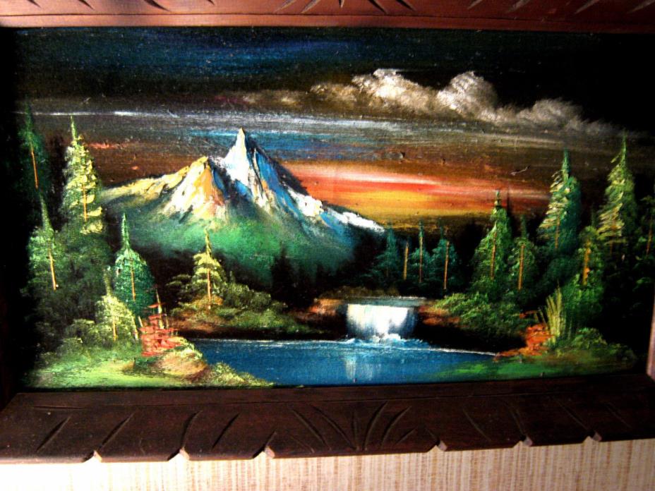 Vintage Oil Painting Velvet Mountain Waterfall Lake Trees Nature Landscape Scene