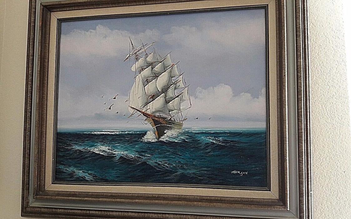 MARITIME PAINTING of SAILING SHIP AT SEA VIBRANT OIL ON CANVAS BY ARTIST JACKSON