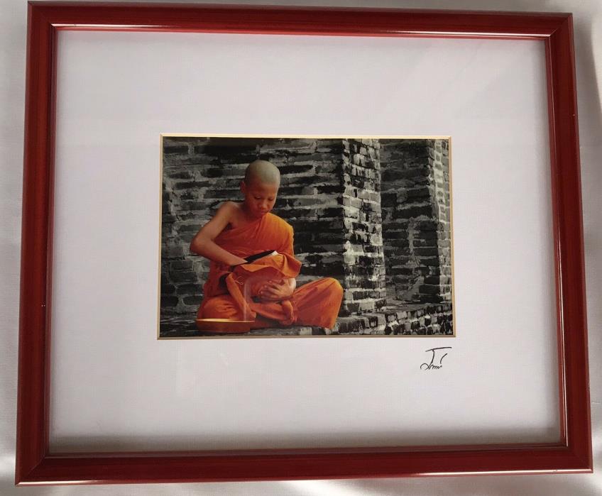 Framed Photograph Thailand Monk Bowl Temple Orange Signed Thai Art Wall Hanging