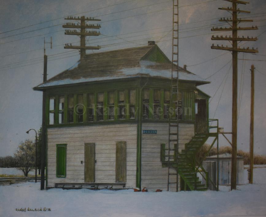 11x14 Signed Print,Train Switching Tower Painting, Acrylic, Realism, Railroad