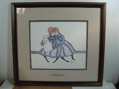 P Buckley Moss 1985 BEST FRIENDS Framed Print 81/1000 Two Girls & Dog