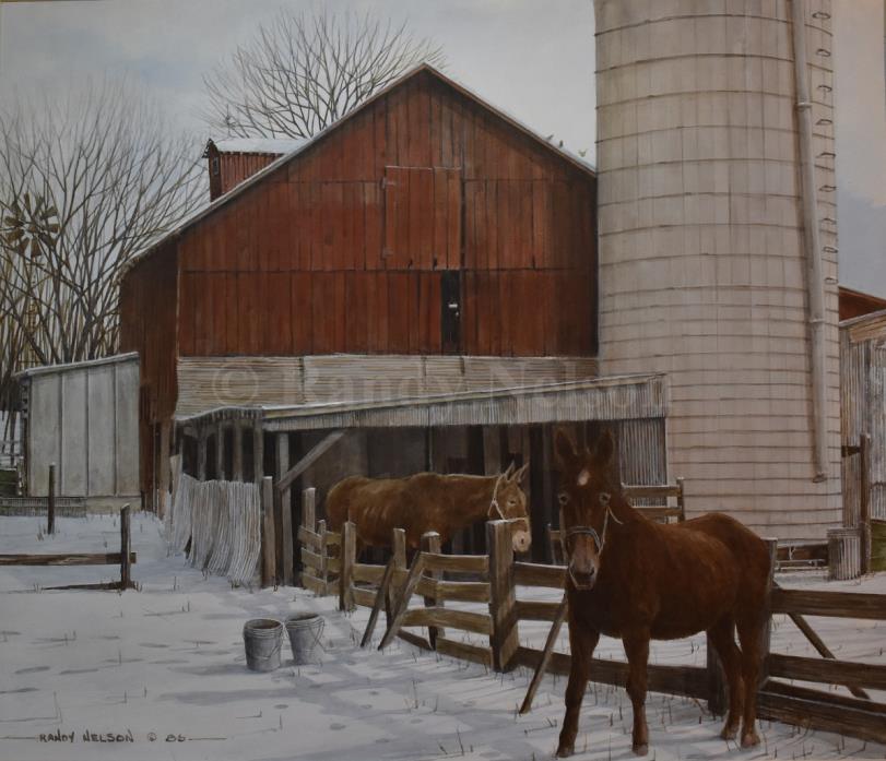 18x16 S&N Print, Rural Winter Farm Scene, Realism, Barn, Mules, Acrylic Painting