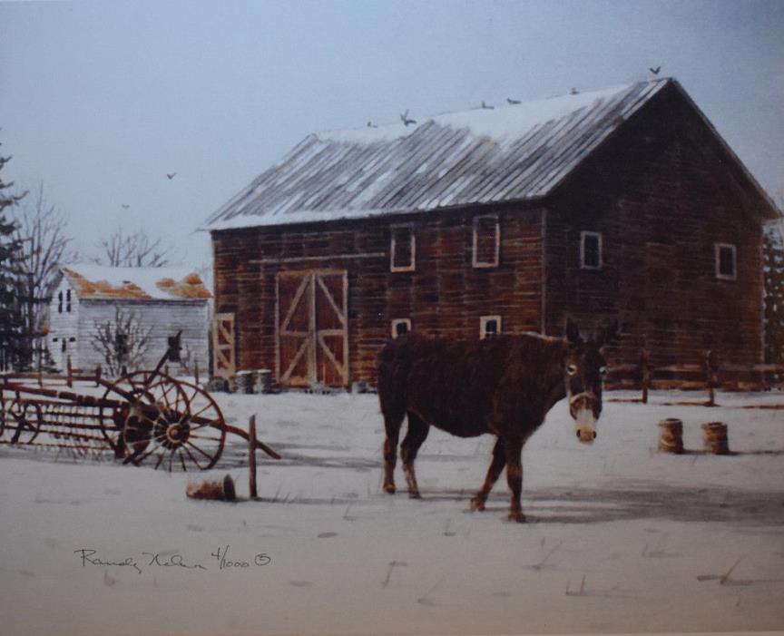 8x10 S&N Print, Winter Farm Scene with Barn Painting, Mule & Hayrake, Realism
