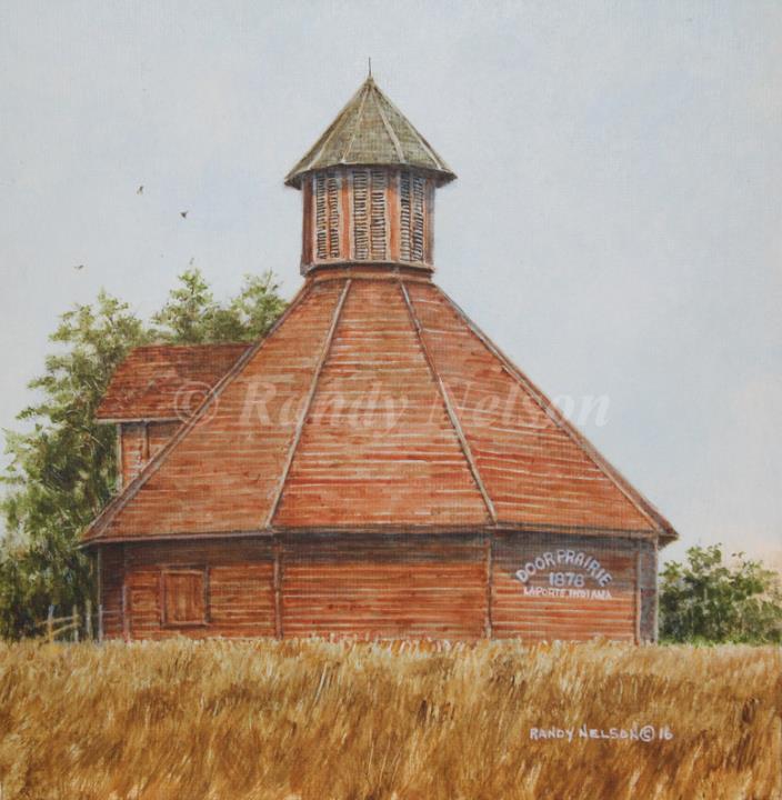 8x8 Signed Print, Indiana Round Barn Scene, Acrylic, Realism, Farm Painting