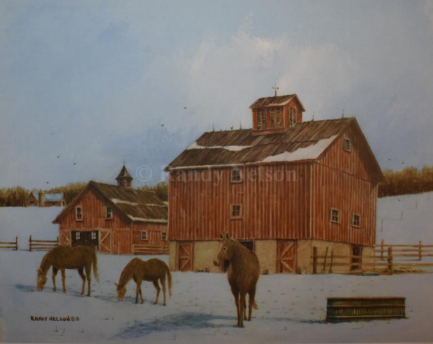 11x14 Signed Print, Winter Barns with Horses, Acrylic, Realism, Farm Painting