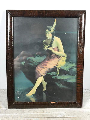 Vintage 1920 Wood Framed Fantasy Indian Maiden Fine Art Print fox arthur parrish