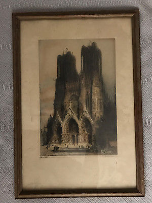 Vtg 20s 30s James Alphege Brewer Rheims Cathedral Church France Etching framed