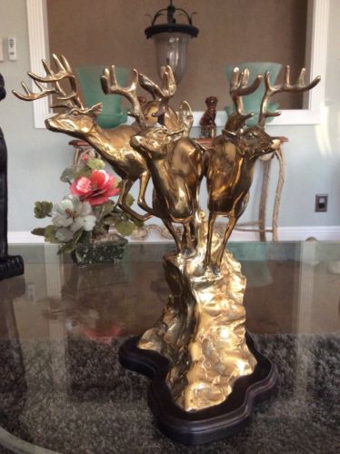 Beautiful 3 Bucks Deer Running On Mountain Top Brass Sculpture On Wood Base 12