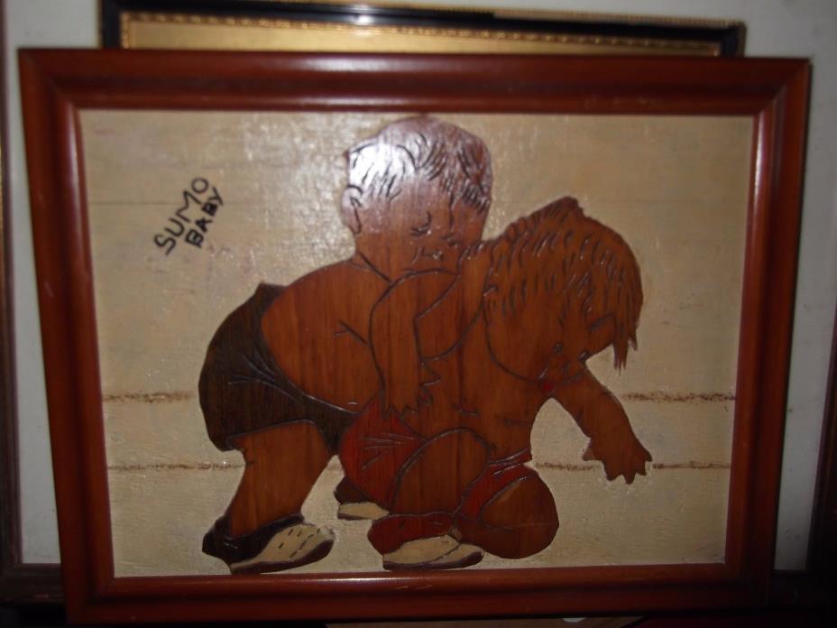 Sumo Wrestler original wood sculpture baby sumo on paneling one of a kind