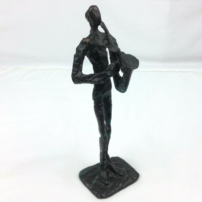 Vintage Brutalist Cast Bronze Sculpture Jazz Saxophone Player Figure Mid Century
