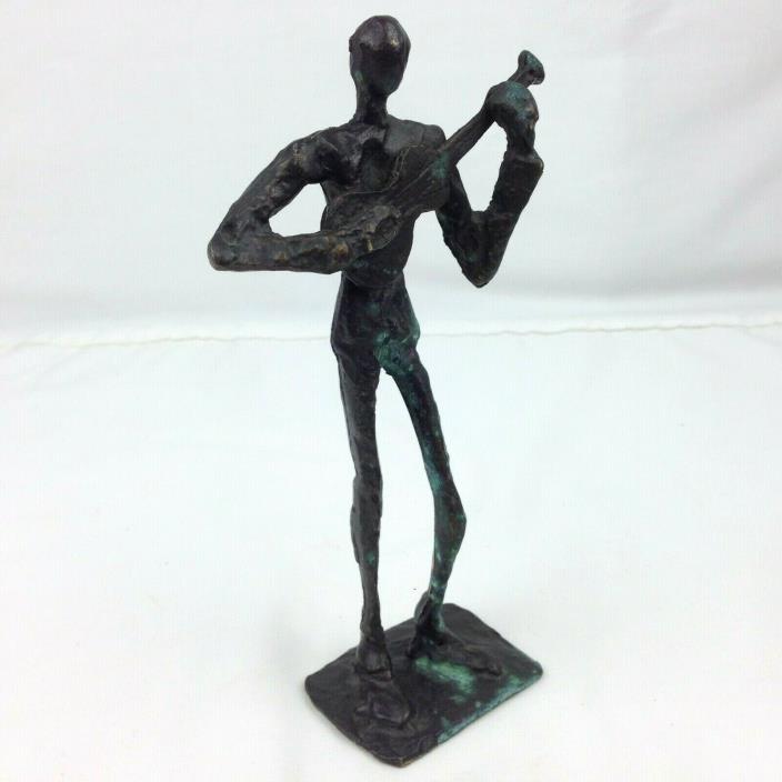 Vintage Brutalist Cast Bronze Sculpture Jazz Guitar Player Figure Mid Century