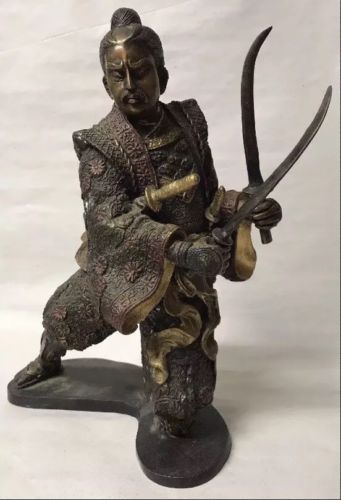 Vintage Painted Cast Metal Bronze Japanese Samurai Statue Figure Signed Miyao