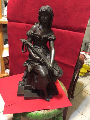 SIGNED BRONZE SCULPTURE STATUE of a BEAUTIFUL WOMAN HOLDING A STRING INSTRUMENT