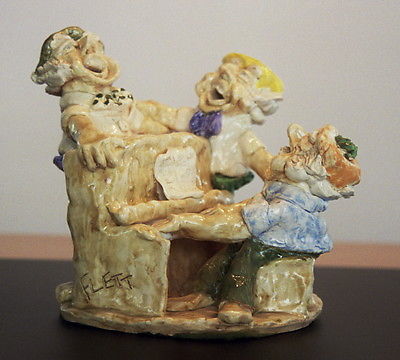 Original 1979 Clay Sculpture 3-Men & A Piano by Canadian Artist Patricia Flett