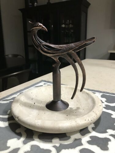 URART Rare Shallow Travertine Bowl With Brass Bronze Copper? Rooster Sculpture