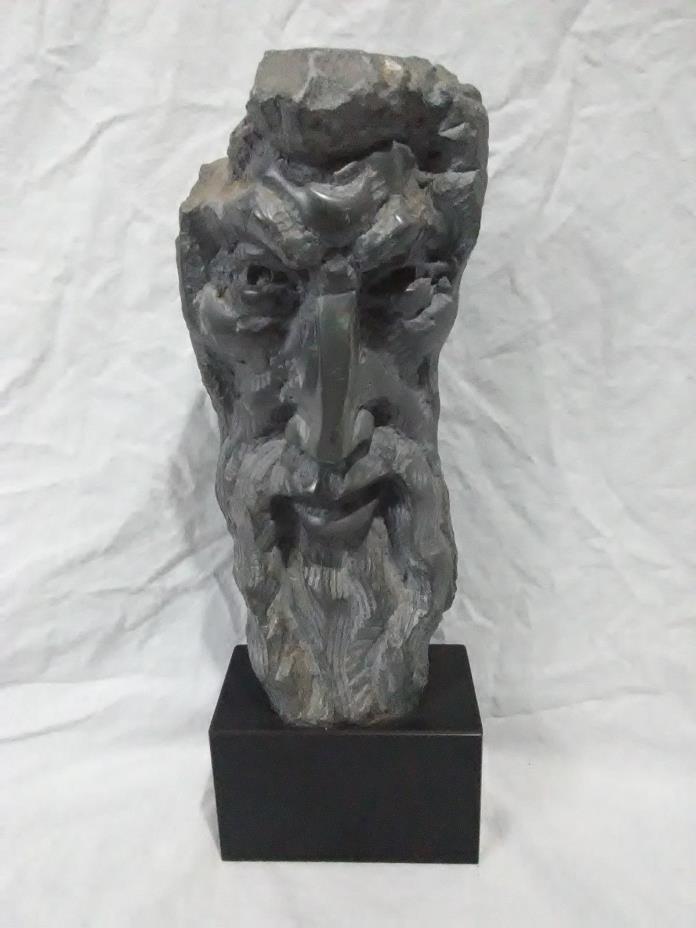 Carved Sculpture Bearded Man Face Gray Metal On Black Stand Fine Art Vintage
