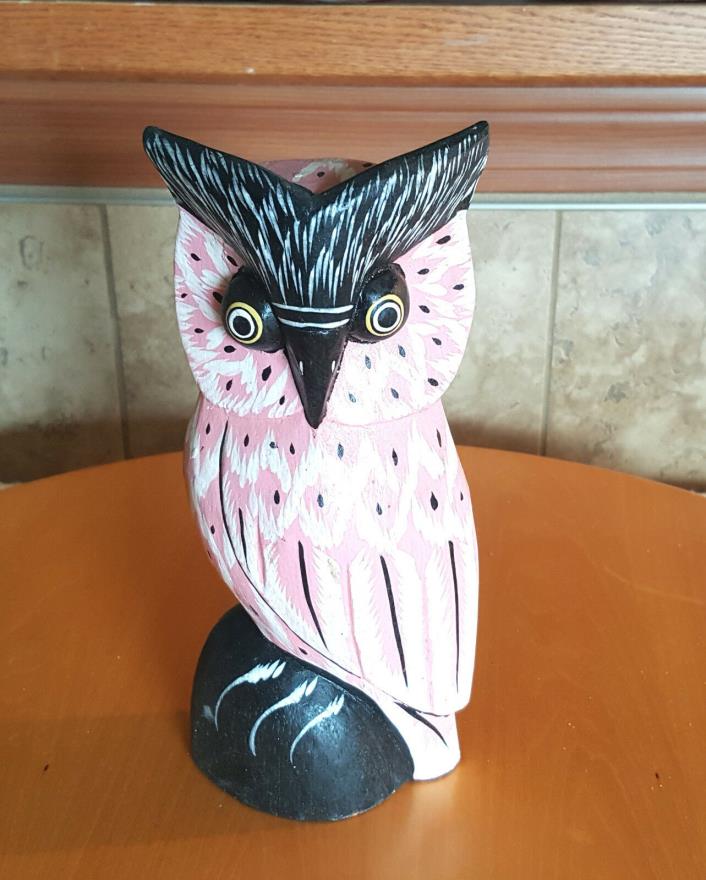 Vintage Owl Statue Pink & Black Solid Wood Folk Art Figurine